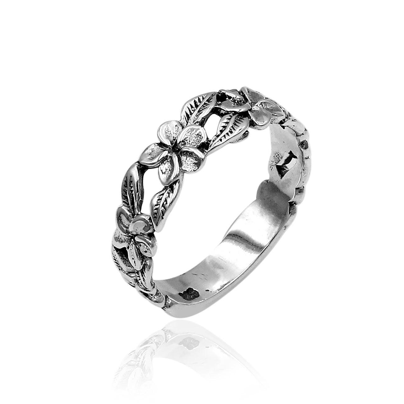 Handmade BALI Frangipani Floral BAND Ring in 925 Sterling Silver - Size L , M , N , O , P , Q - Inspiring Jewellery