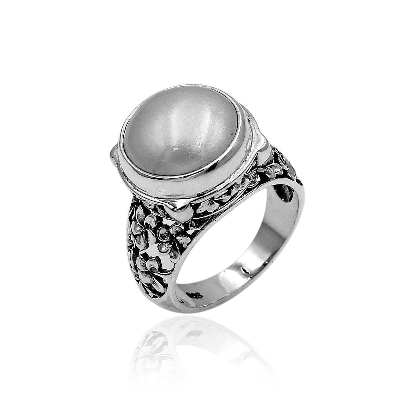 Handmade Bali Floral Fresh Water Mabe Pearl Cocktail Ring in 925 Sterling Silver - Size L , M , N , O , P , Q - Inspiring Jewellery