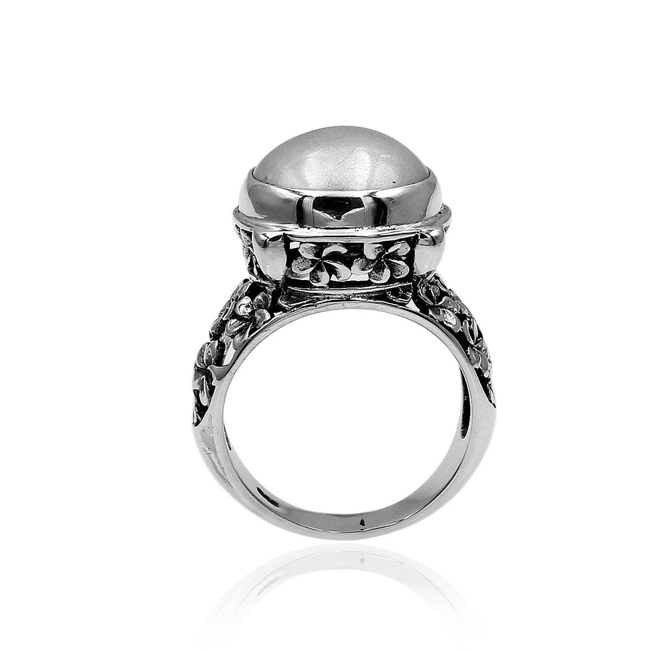 Handmade Bali Floral Fresh Water Mabe Pearl Cocktail Ring in 925 Sterling Silver - Size L , M , N , O , P , Q - Inspiring Jewellery