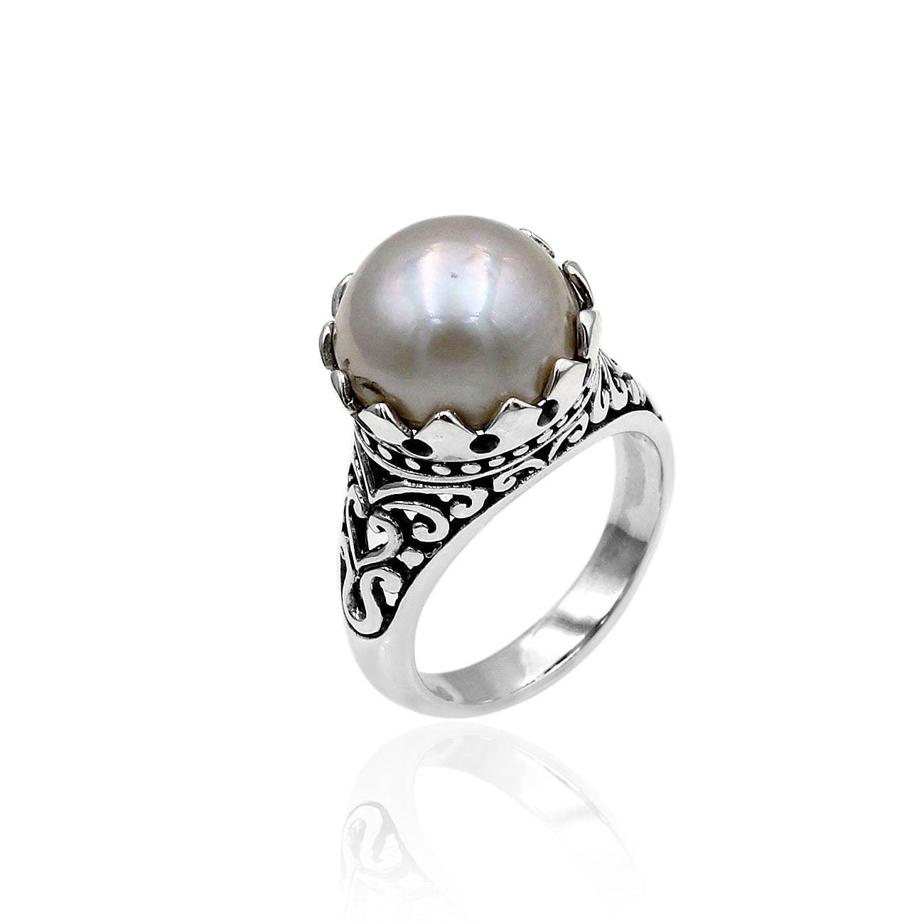 Handmade Victorian Mabe Fresh Water Pearl Cocktail Ring in 925 Sterlin