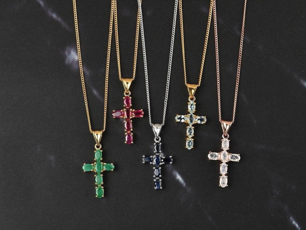 Cross Pendant Necklace 925 Sterling Silver Precious Gemstone Cross