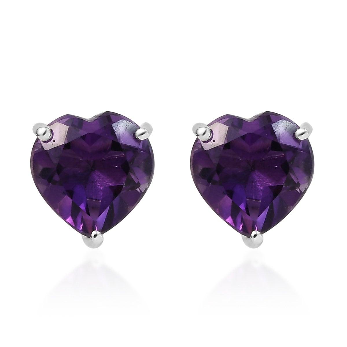 Silver Purple Amethyst Heart Studs Earrings