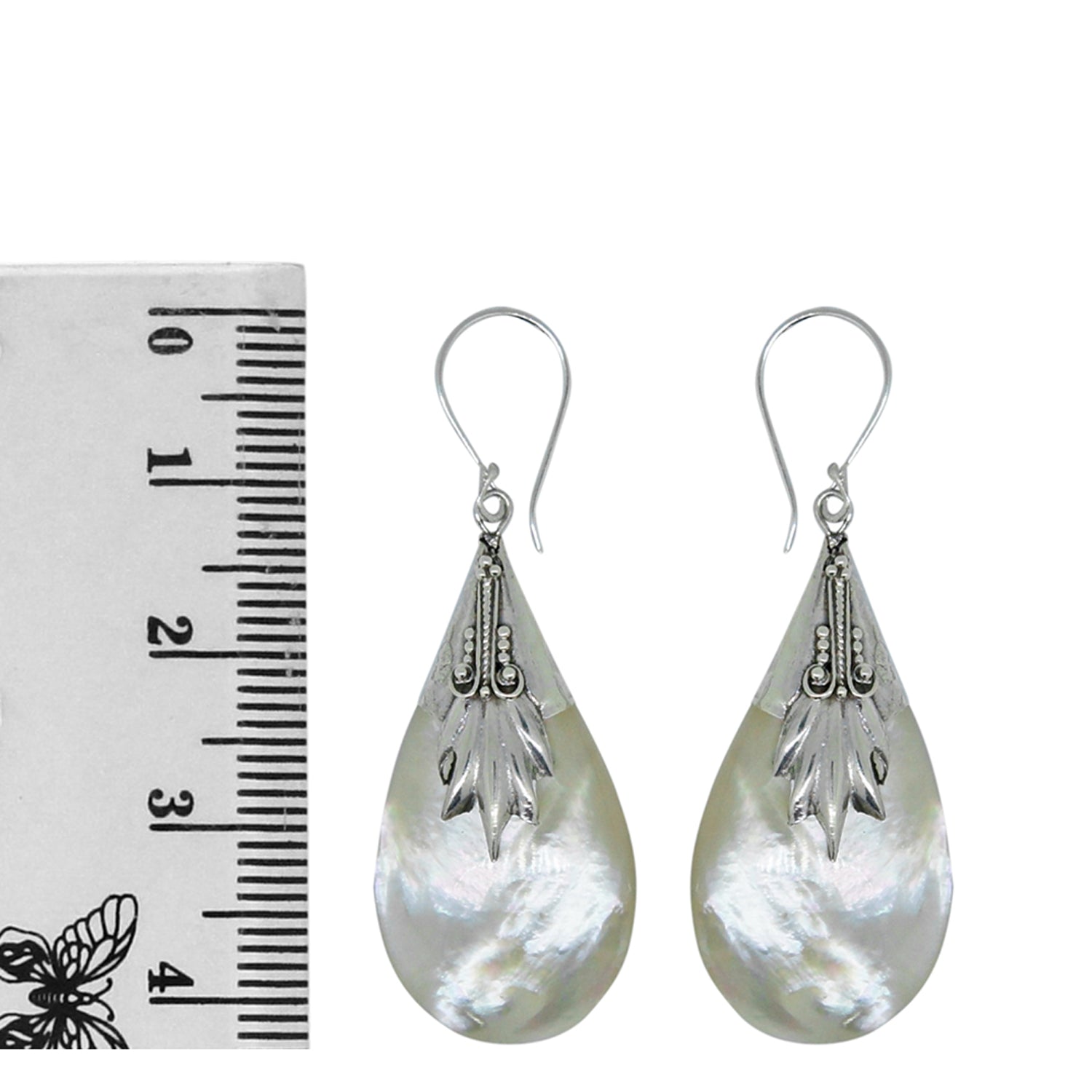 Handcrafted Mother of Pearl Designer Earrings in 925 Sterling Silver 42MM Length