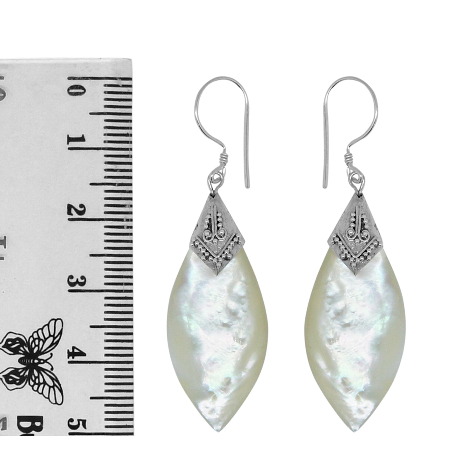 Handcrafted Mother of Pearl Designer Earrings in 925 Sterling Silver 49MM Length