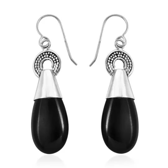 Designer Black Onyx Earrings Long DROP Dangle Hook in 925 Sterling Silver