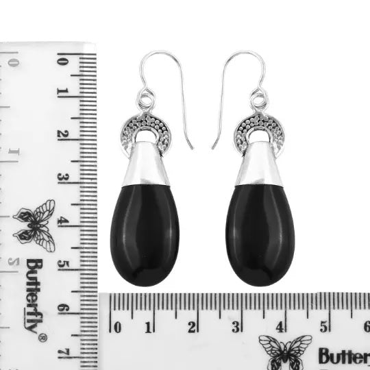 Designer Black Onyx Earrings Long DROP Dangle Hook in 925 Sterling Silver