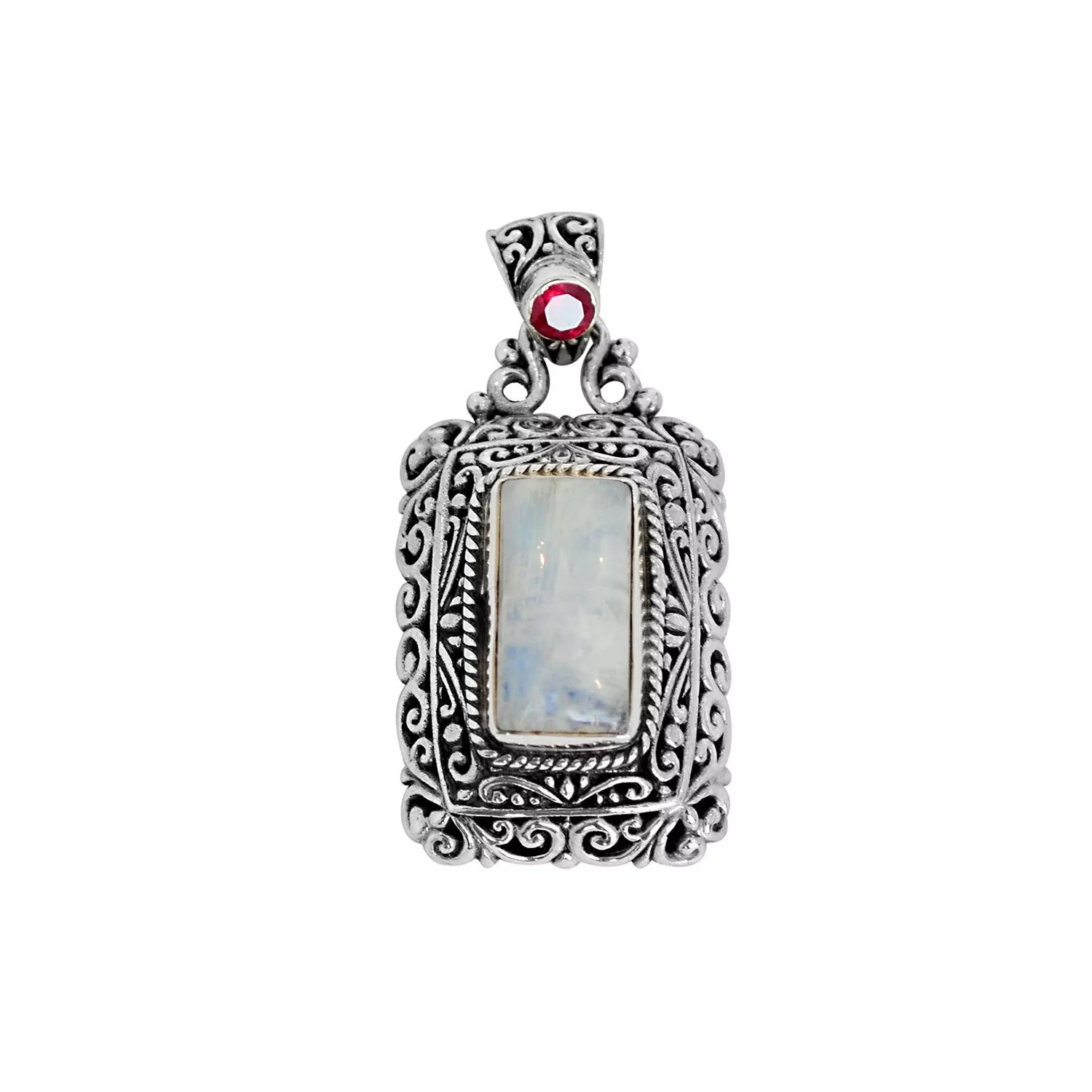 Vintage Rainbow Moonstone & Ruby Pendant in 925 Sterling Silver with Chain