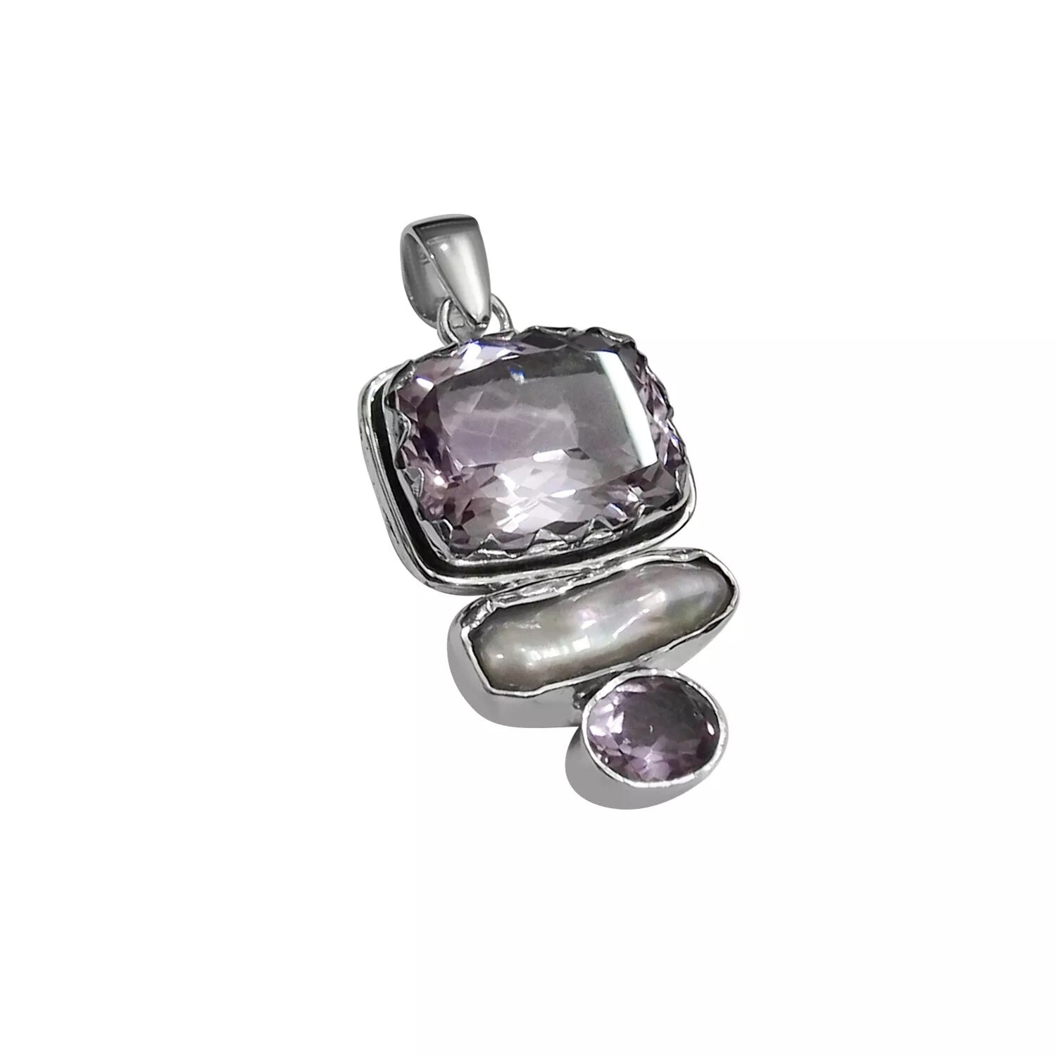 Amethyst Statement Pendant Biwa Pearl in Solid 925 Sterling Silver - 5 cm