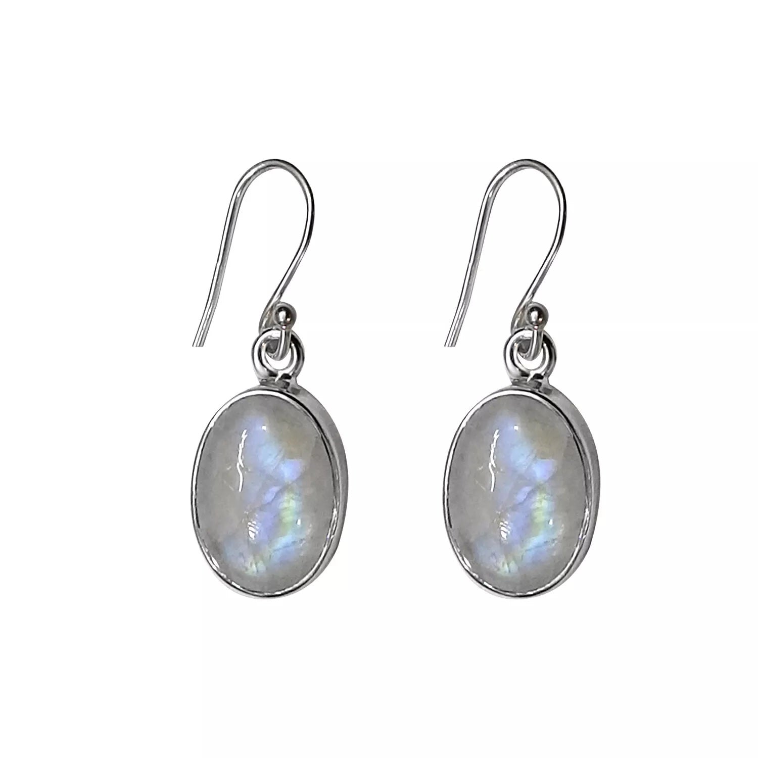 RAINBOW MOONSTONE Dangle Earrings Hook Bezel Set in 925 Sterling Silver