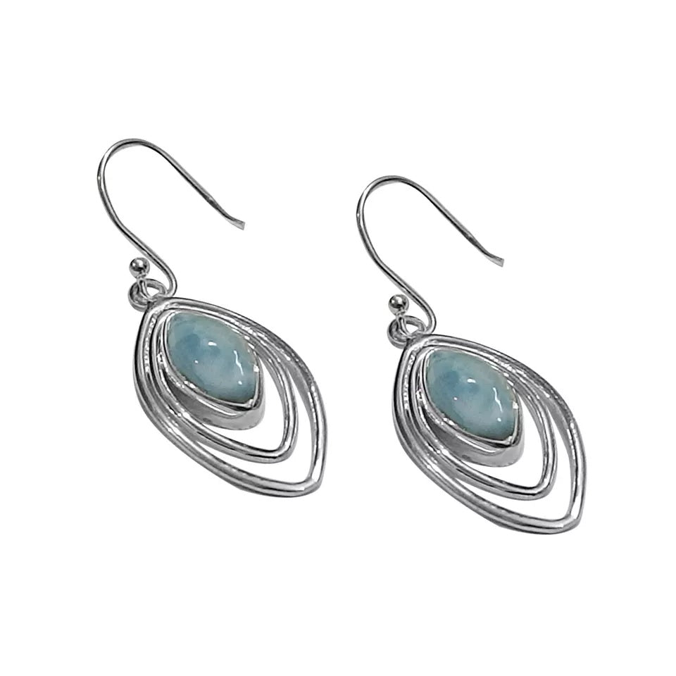 Designer Larimar dangle earrings, 925 Sterling Silver Leaf Larimar Hook Earrings