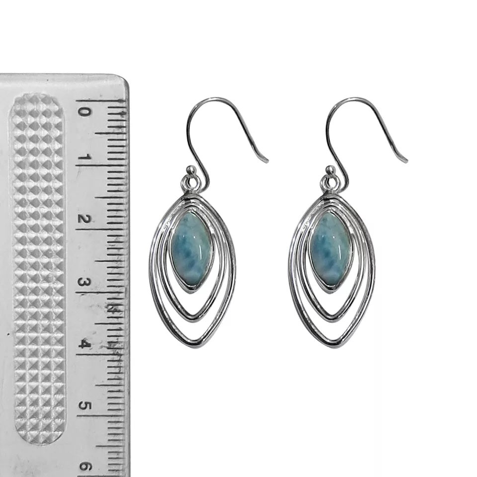 Designer Larimar dangle earrings, 925 Sterling Silver Leaf Larimar Hook Earrings