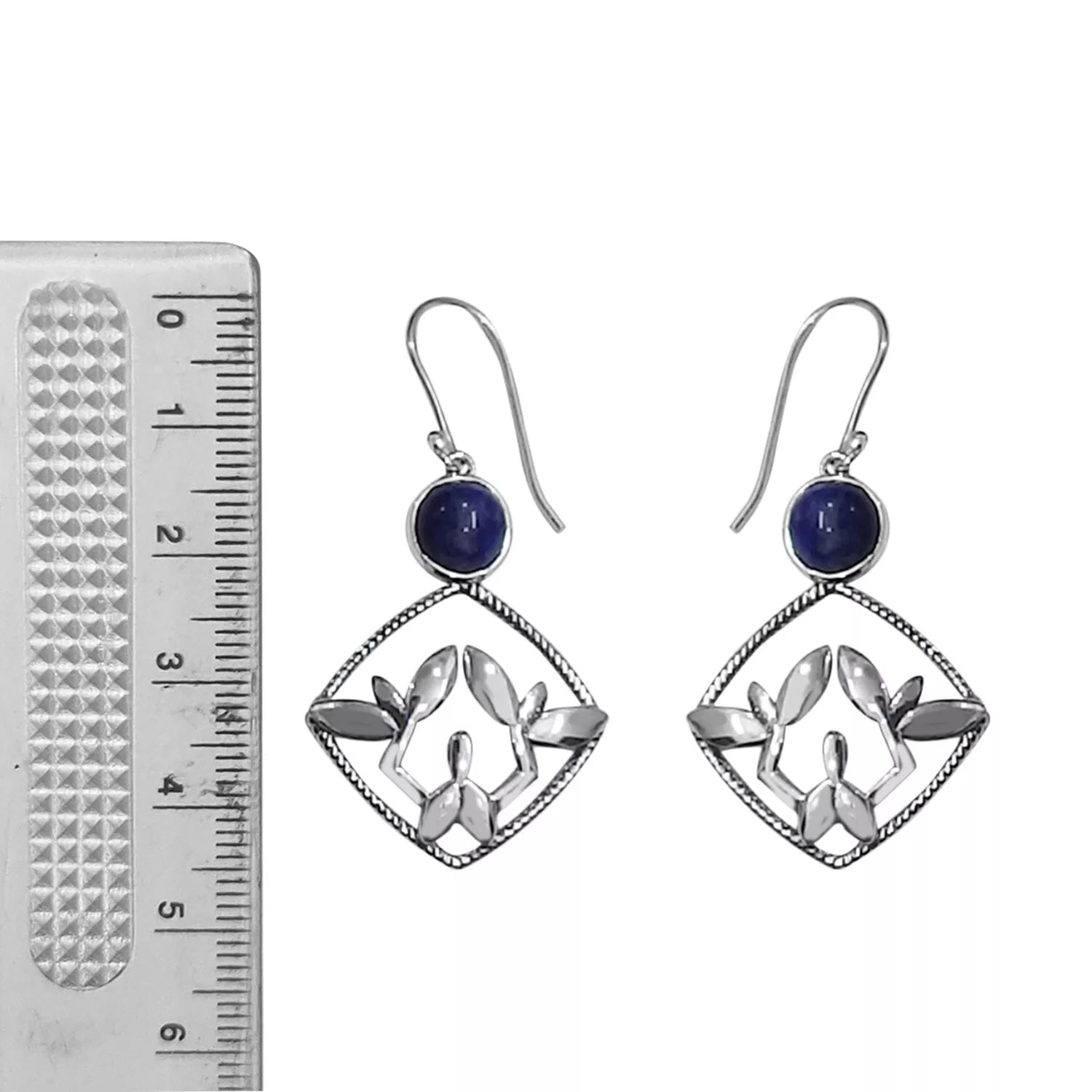 LAPIS LAZULI Earrings Dangle Hook leaf Nature design in 925 Sterling Silver