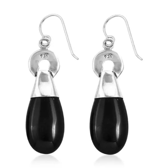 Designer Black Onyx Earrings Long DROP Dangle Hook in 925 Sterling Silver