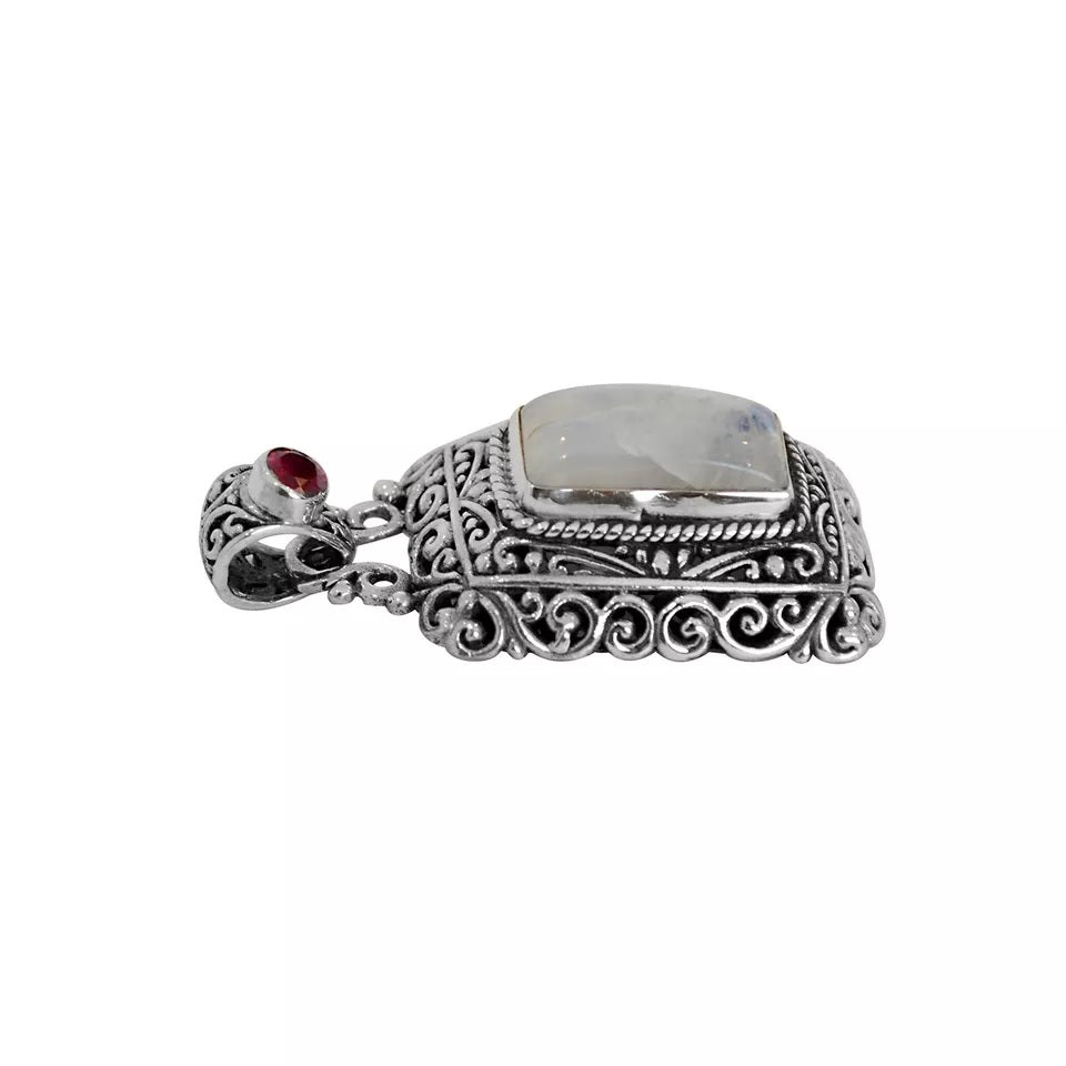 Vintage Rainbow Moonstone & Ruby Pendant in 925 Sterling Silver with Chain
