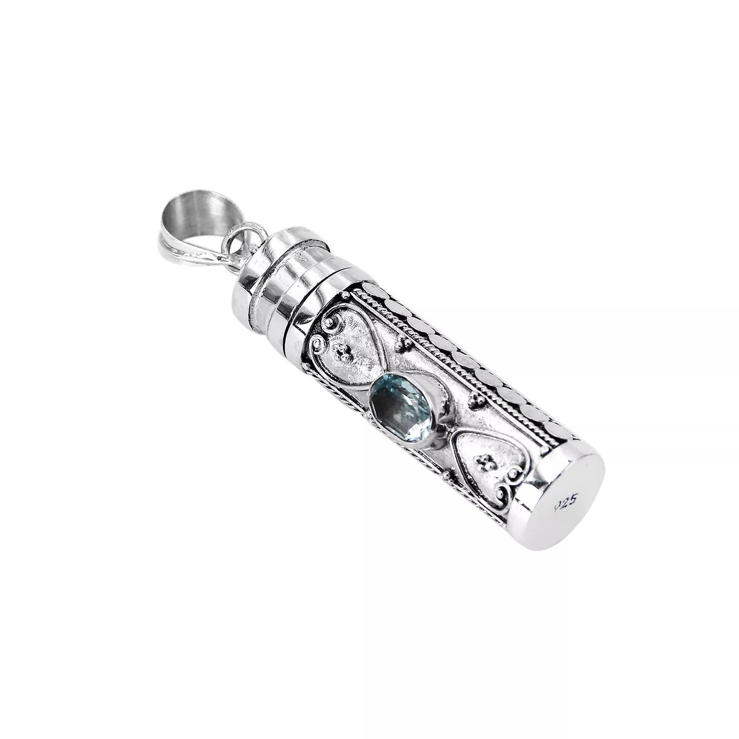 Blue Topaz Perfume Bottle - Pill Box Ashes Locket Pendant - 925 Sterling Silver