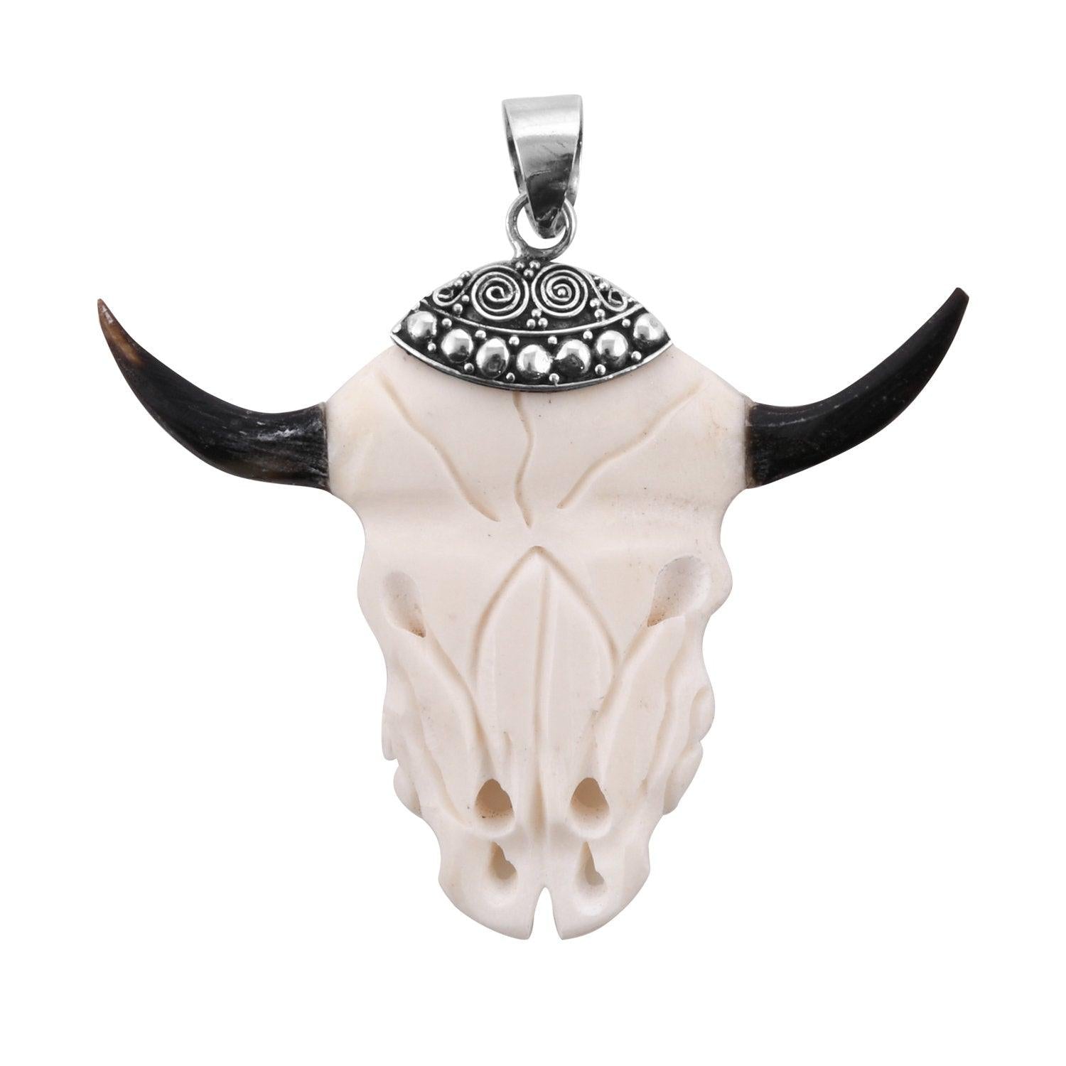 Handcrafted BULL Skull Head CARVED Bone Pendant in Sterling Silver - Inspiring Jewellery