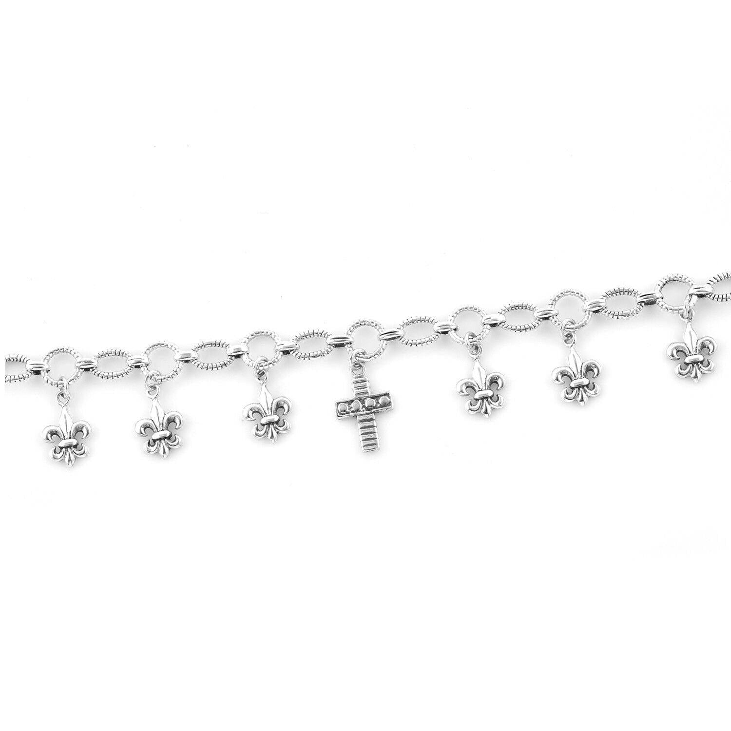Balinese Sterling Silver CROSS & Fleur-de-lis CHARMS Bracelet - Inspiring Jewellery