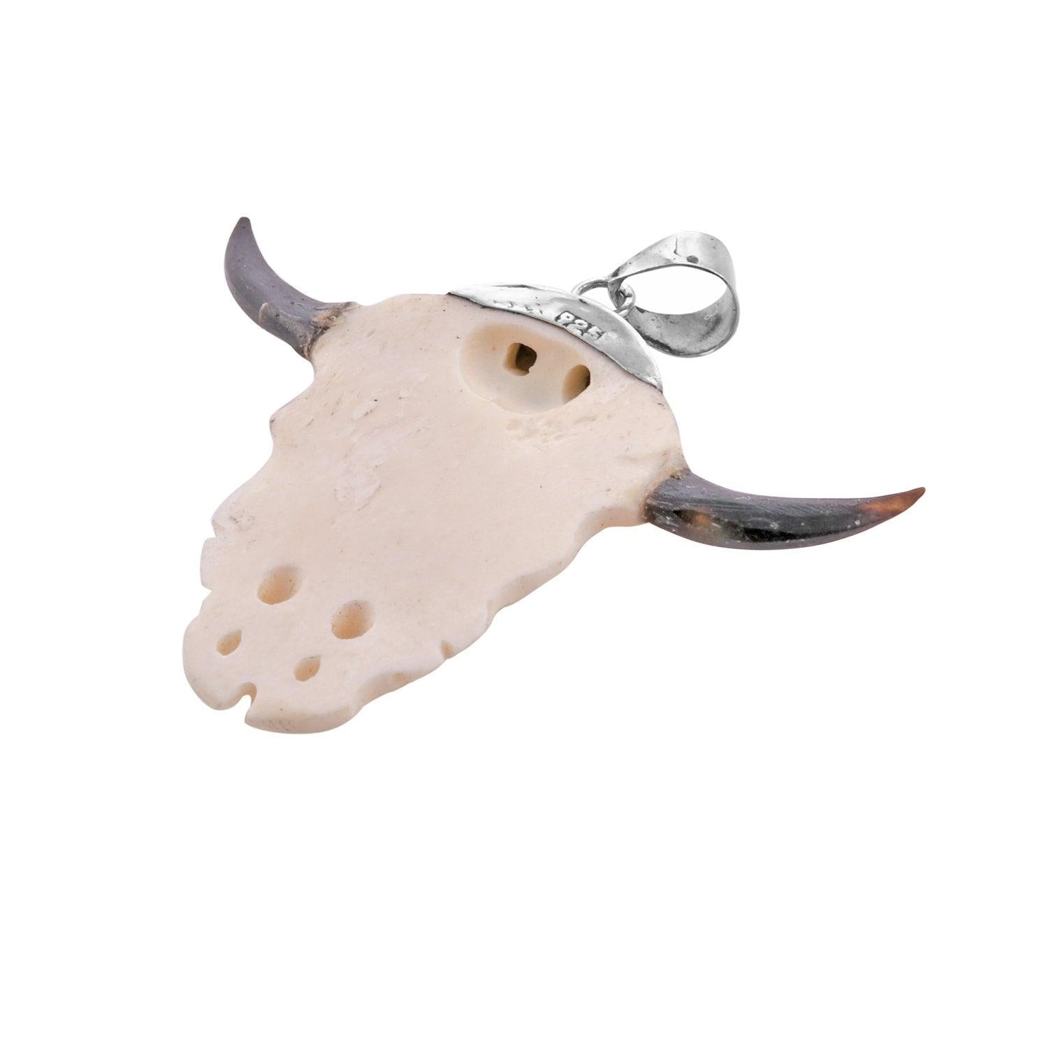 Handcrafted BULL Skull Head CARVED Bone Pendant in Sterling Silver - Inspiring Jewellery