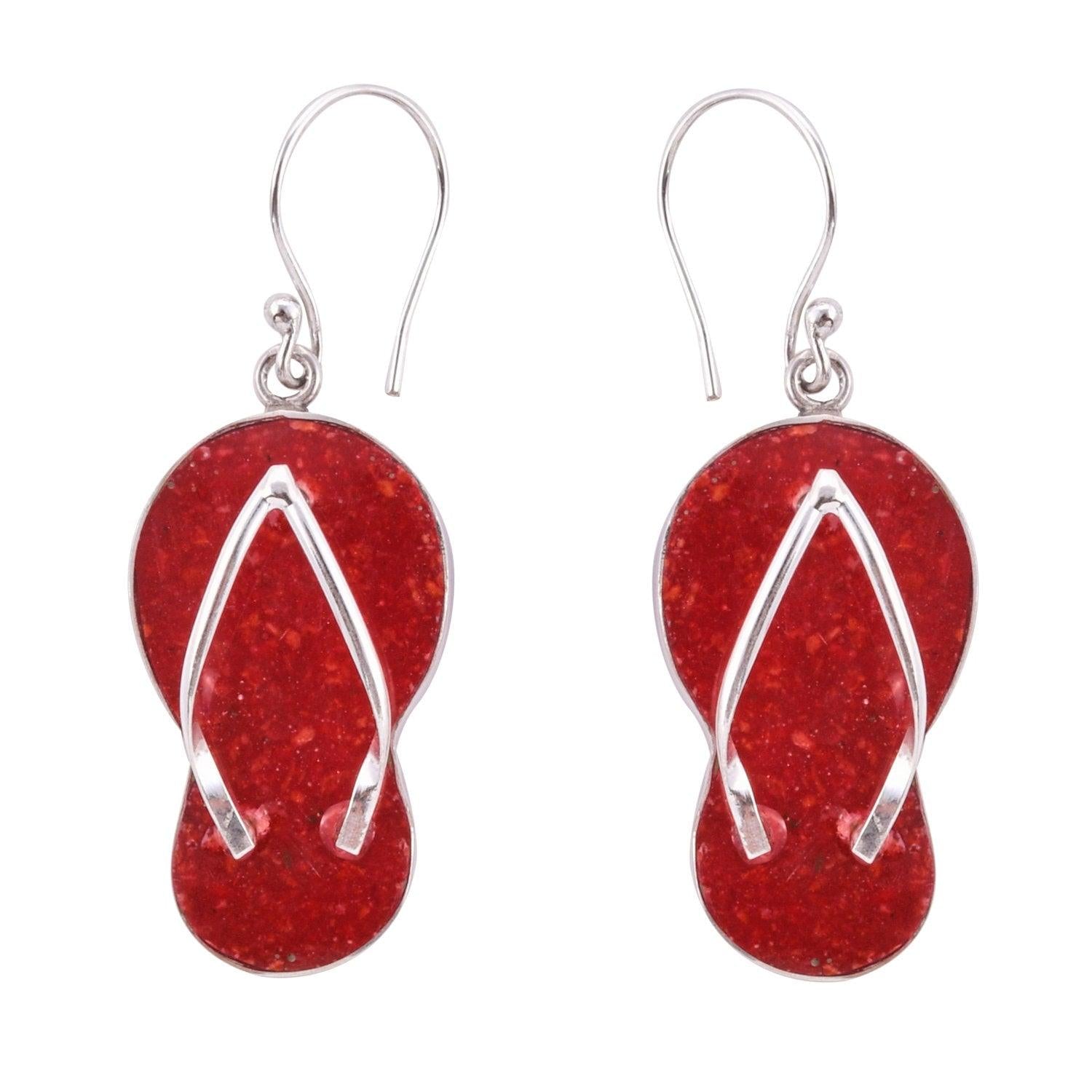 Sterling Silver RED CORAL Slipper Flip Flop Earrings - Inspiring Jewellery