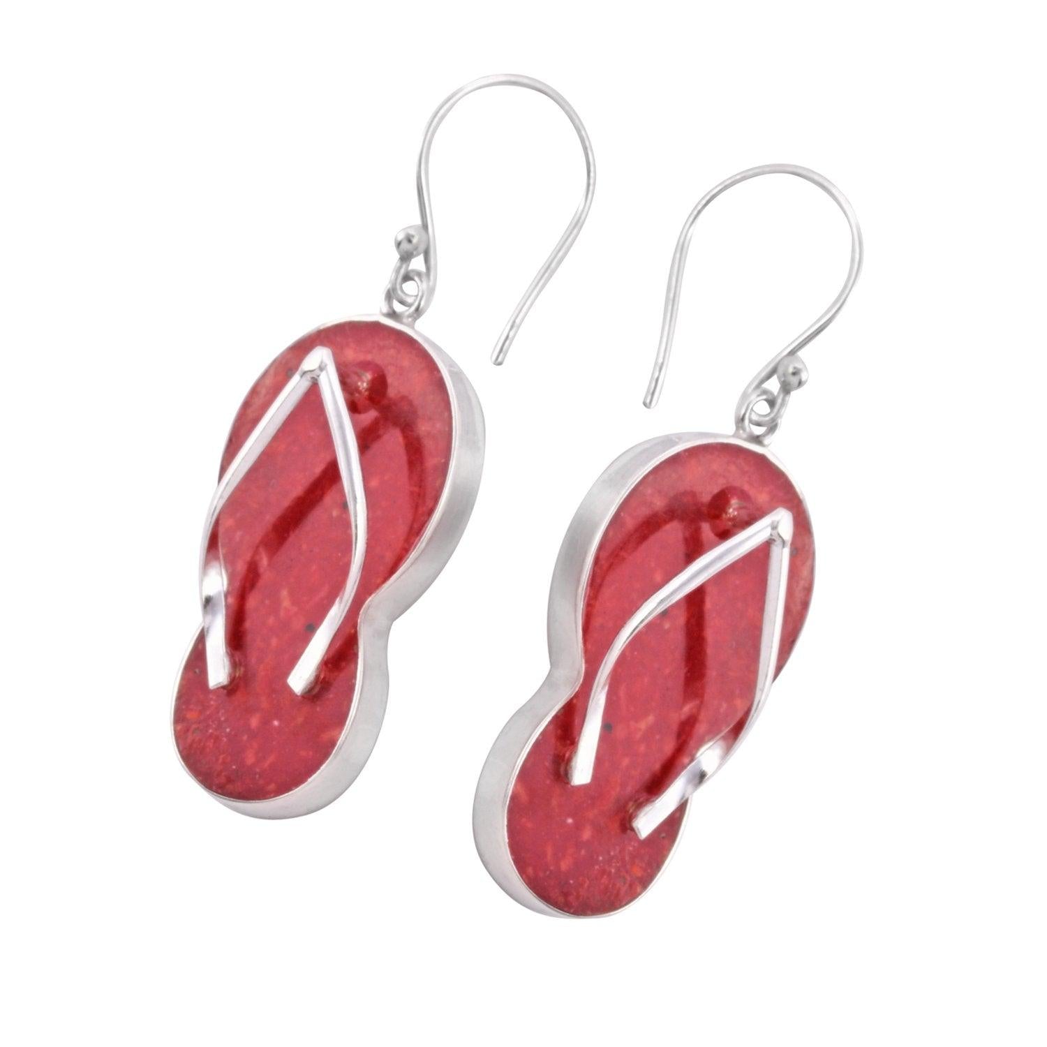 sterling silver red coral slipper flip flop earrings. - Inspiring Jewellery