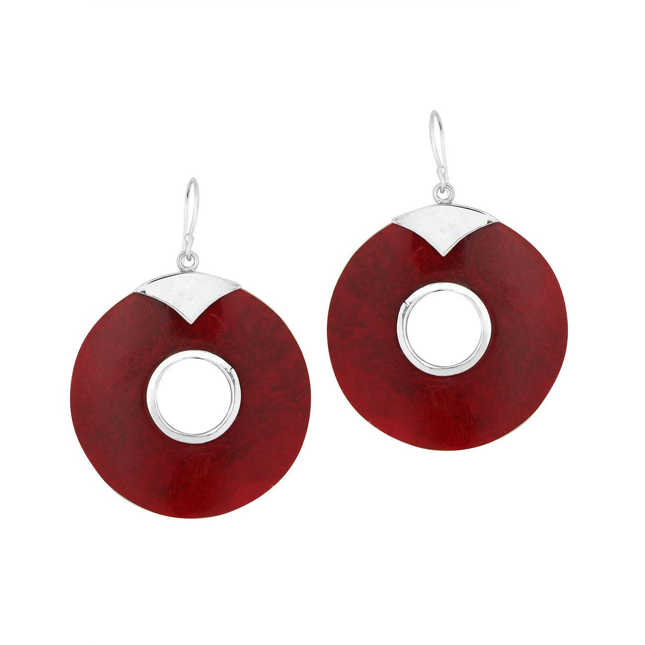Sterling Silver RED CORAL Round Donut Earrings - Inspiring Jewellery