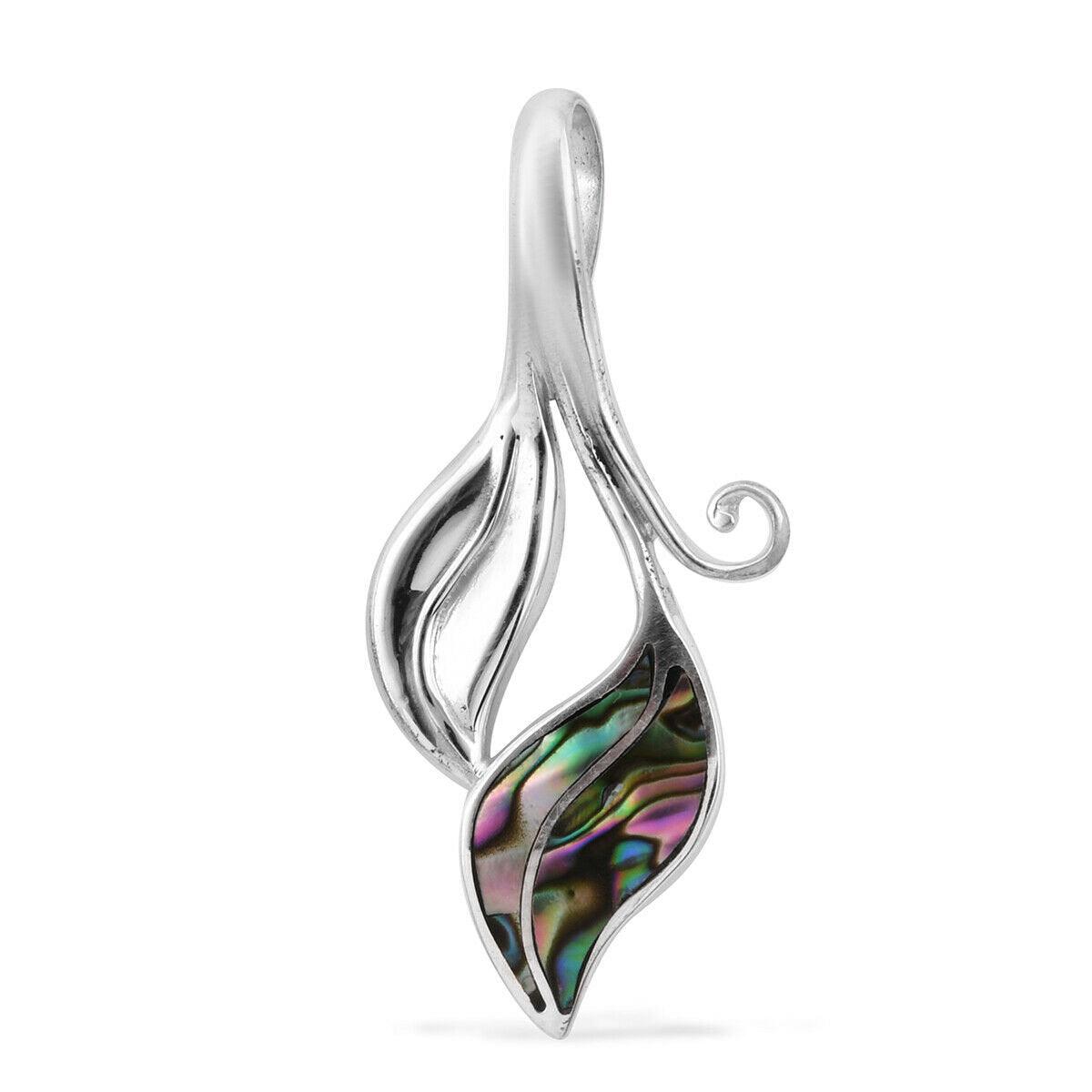 Designer ABALONE SHELL Inlay LEAF Pendant in Sterling Silver 925 - 4.2 Cm - Inspiring Jewellery
