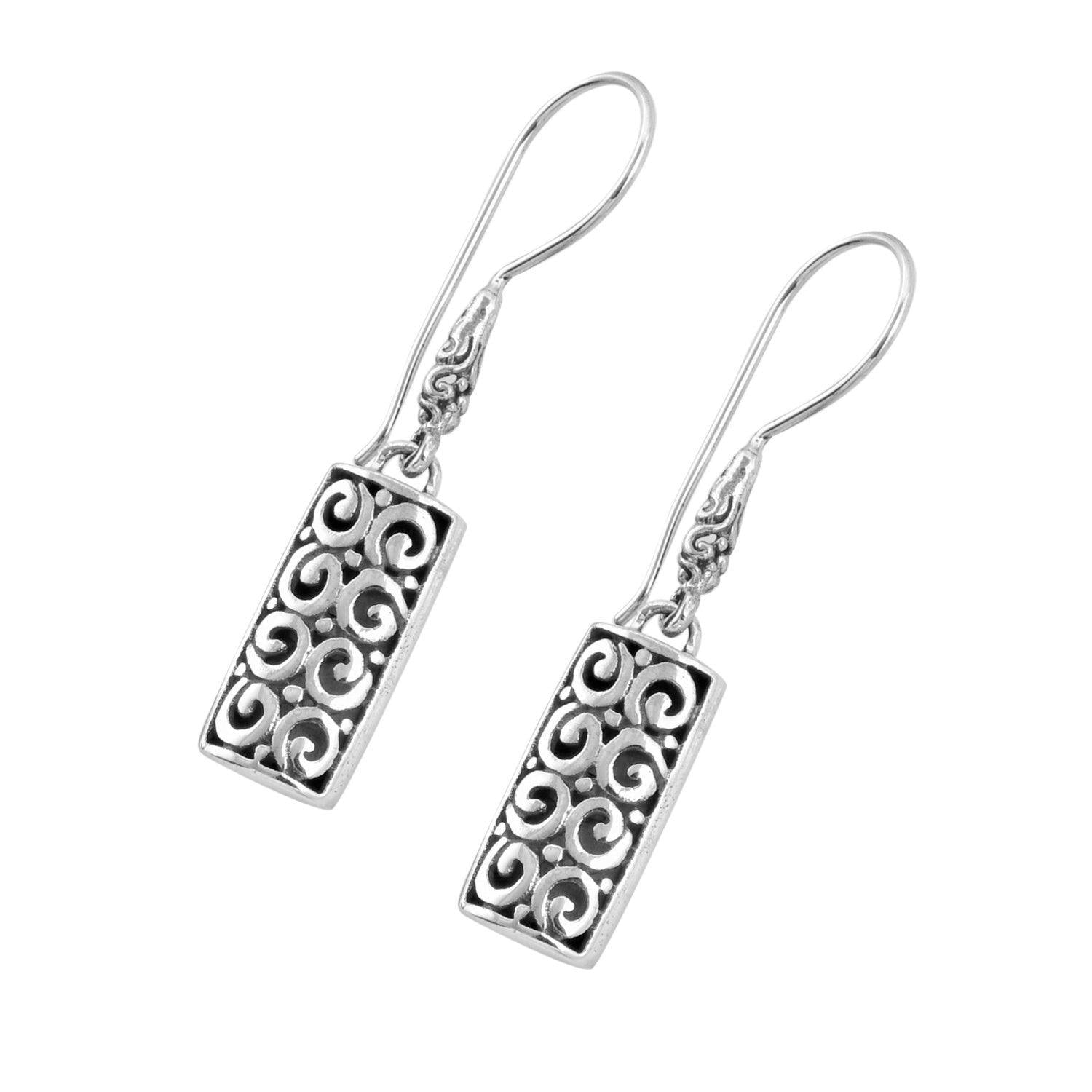 Bali Design Rectangular DANGLE Earrings in SOLID 925 Sterling Silver - Inspiring Jewellery