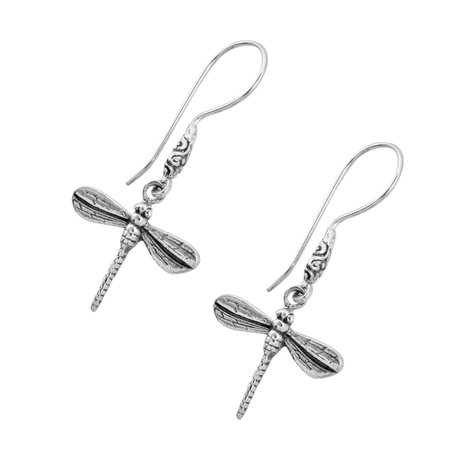 Cute Bali DRAGONFLY DANGLE Earrings in SOLID 925 Sterling Silver - Inspiring Jewellery
