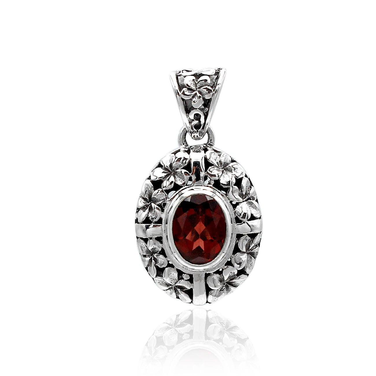 Floral RED GARNET Gemstone Charm Pendant Necklace in 925 Sterling Silver with Chain - 2.8 Cm - Inspiring Jewellery