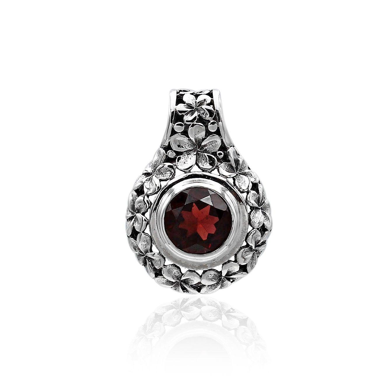 Floral RED GARNET Gemstone Slider Pendant Necklace in 925 Sterling Silver with Chain - 2.5 Cm - Inspiring Jewellery
