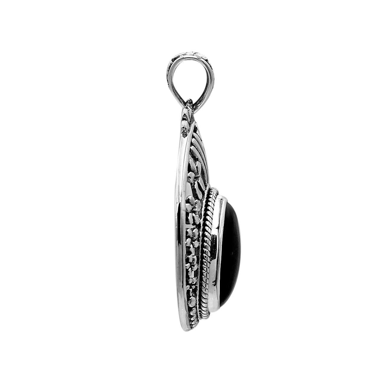 Bali Designer BLACK ONYX Gemstone Pendant Necklace in 925 Sterling Silver with Chain 4.0 Cm - Inspiring Jewellery