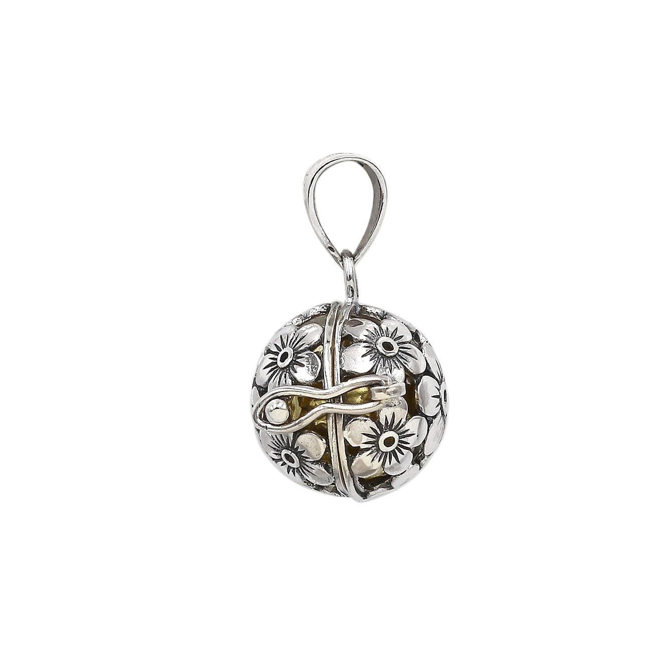 Floral Design Harmony Ball Pendant, Chime Ball, Angel Caller, Bola Necklace Pendant in 925 Sterling Silver with Chain - 2.5 Cm - Inspiring Jewellery