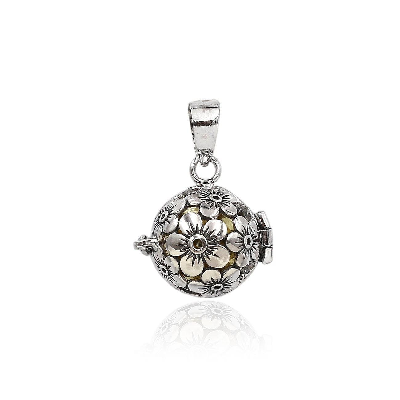 Floral Design Harmony Ball Pendant, Chime Ball, Angel Caller, Bola Necklace Pendant in 925 Sterling Silver with Chain - 2.5 Cm - Inspiring Jewellery