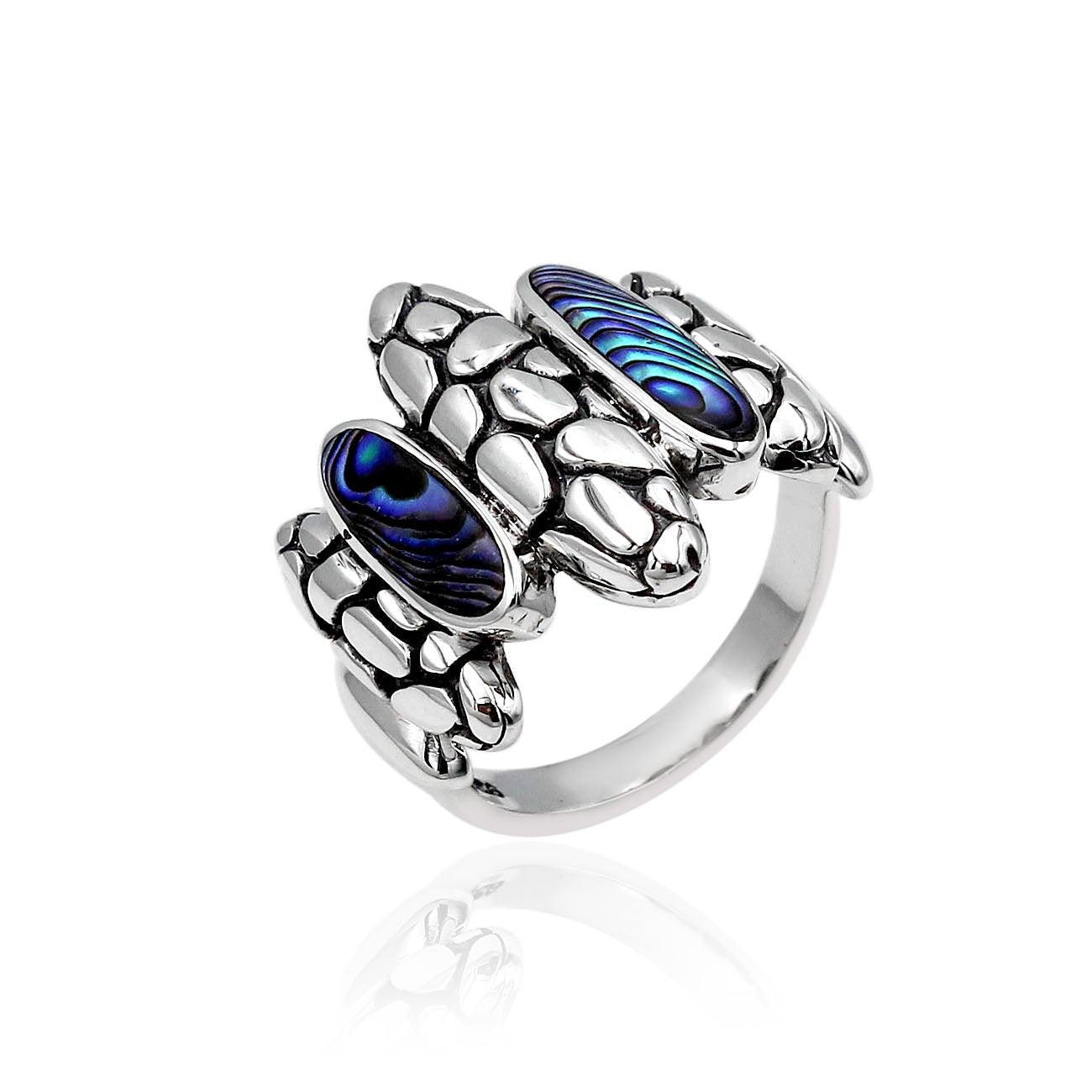 Bali Abalone Shell Inlay Cobblestone Cocktail Ring in 925 Sterling Silver - Size L , M , N , O , P , Q - Inspiring Jewellery