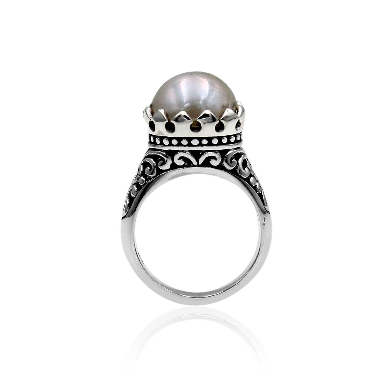 Handmade Victorian Mabe Fresh Water Pearl Cocktail Ring in 925 Sterling Silver - Size L , M , N , O , P , Q - Inspiring Jewellery