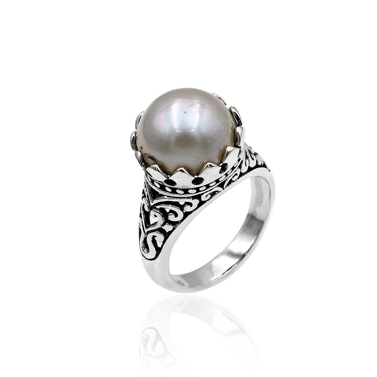 Handmade Victorian Mabe Fresh Water Pearl Cocktail Ring in 925 Sterling Silver - Size L , M , N , O , P , Q - Inspiring Jewellery