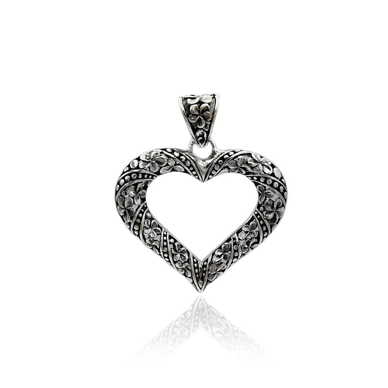 Handmade Frangipani Floral HEART Charm Pendant Necklace in 925 Sterling Silver With Chain - 3.8 Cm - Inspiring Jewellery