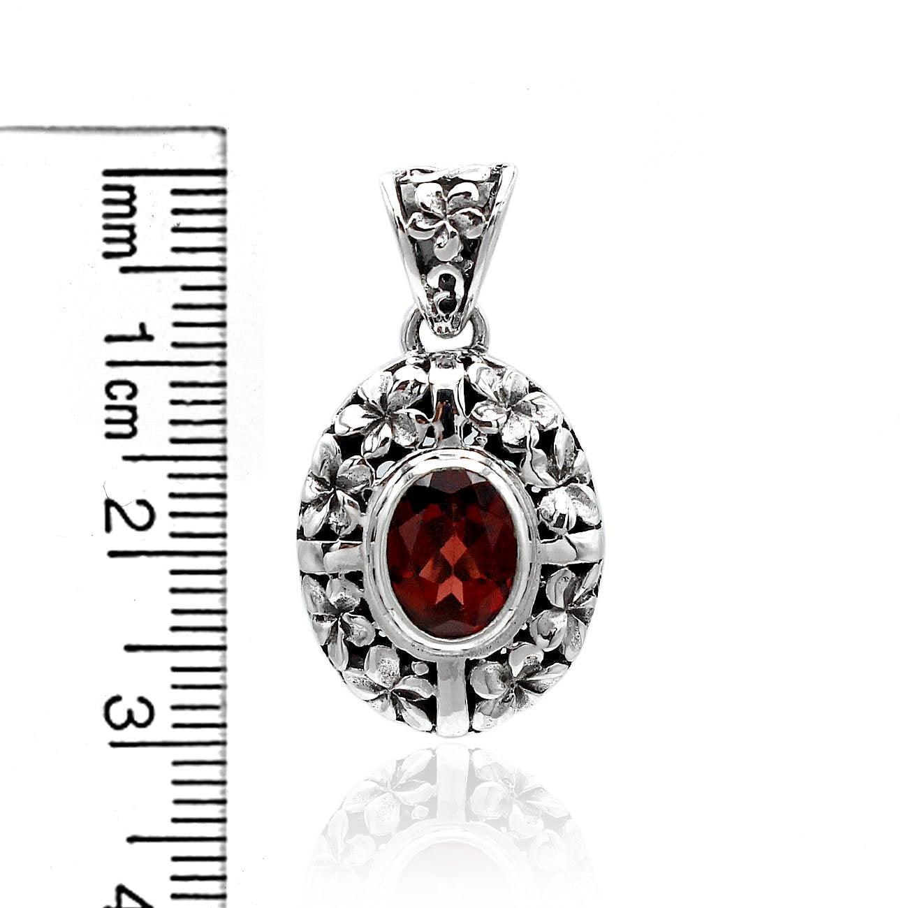 Floral RED GARNET Gemstone Charm Pendant Necklace in 925 Sterling Silv