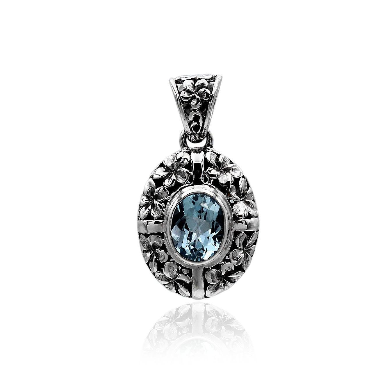 Floral BLUE TOPAZ Gemstone Charm Pendant Necklace in 925 Sterling Silver with Chain - 2.8 Cm - Inspiring Jewellery