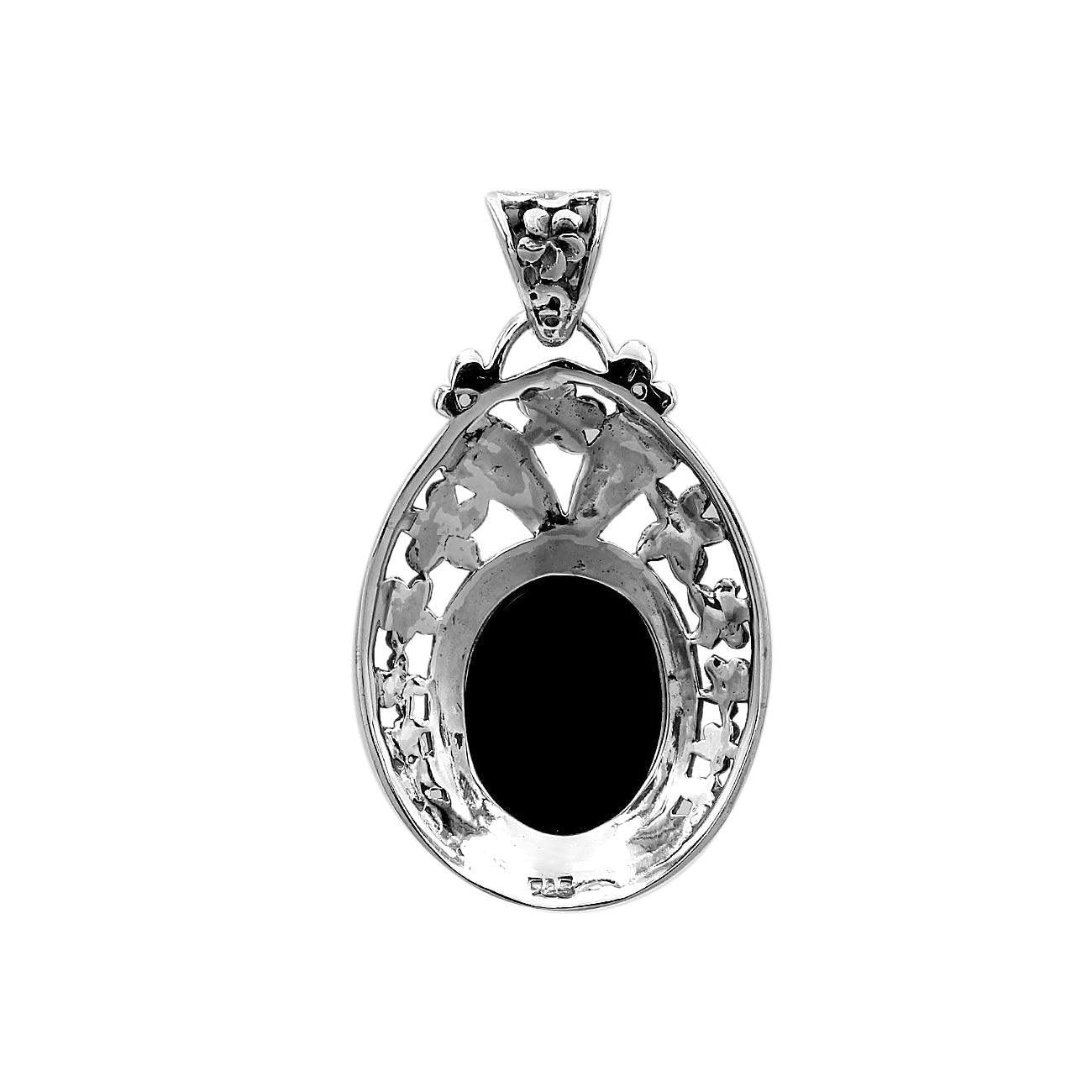 Bali Designer BLACK ONYX Gemstone Pendant Necklace in 925 Sterling Silver with Chain 4.0 Cm - Inspiring Jewellery
