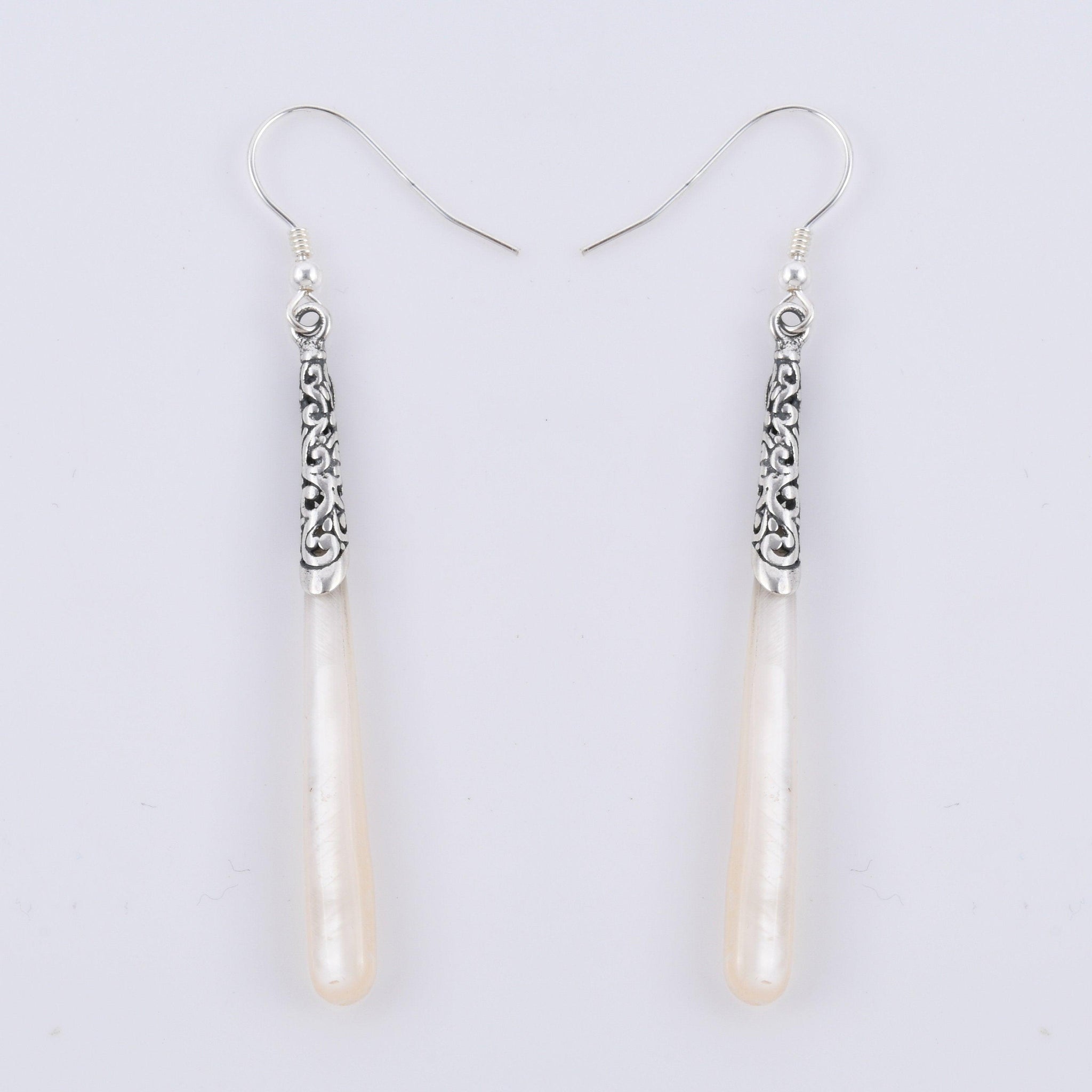 Designer Mother of Pearl Long Drop Dangle Earrings in 925 Sterling Silver - 6 Cm - Inspiring Jewellery