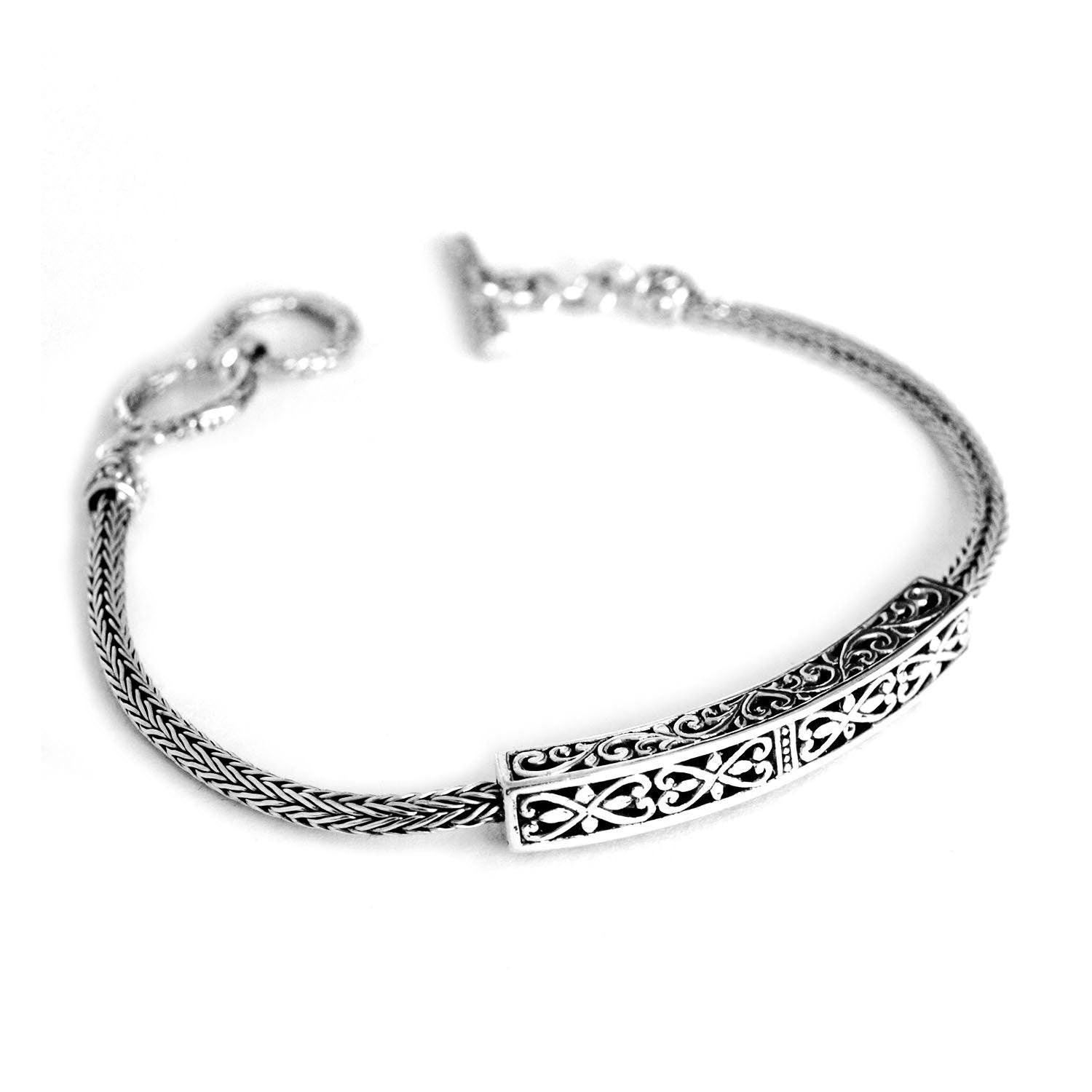 Handmade Floral Bali Bar Bracelet in Solid 925 Sterling Silver 12 grams 7-7.5 Inches - Inspiring Jewellery