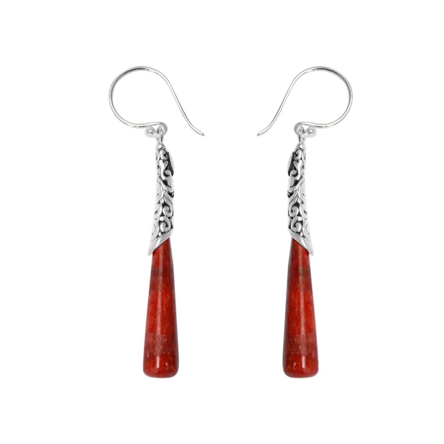 Silver Red Coral Drop Dangle Earrings in 925 Sterling