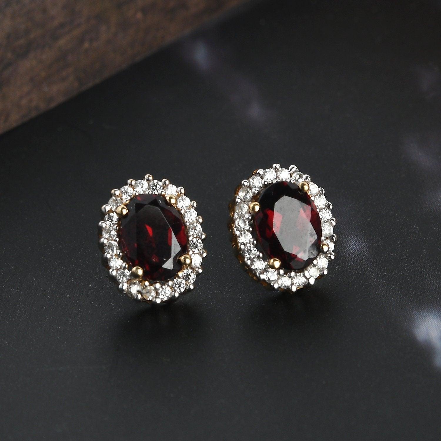 Halo Bridal Studs, Red Garnet Studs, January birthstone earrings, 925 Silver Stud , Halo Stud Earring, Oval Studs, Classic Halo Earrings - Inspiring Jewellery