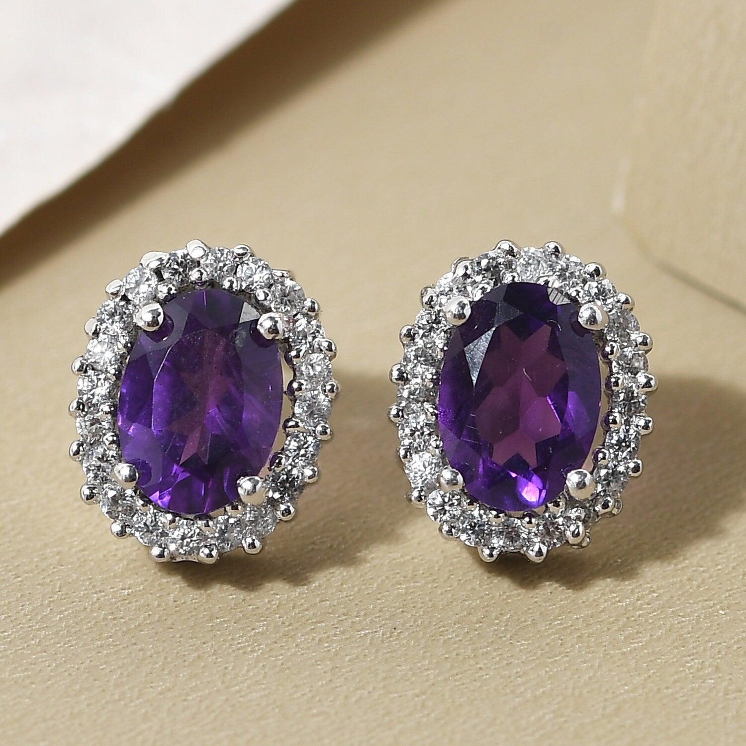 Halo Bridal Studs, Amethyst Studs, February birthstone earrings, 925 Silver Stud , Halo Stud Earring, Oval Studs, Classic Halo Earrings - Inspiring Jewellery