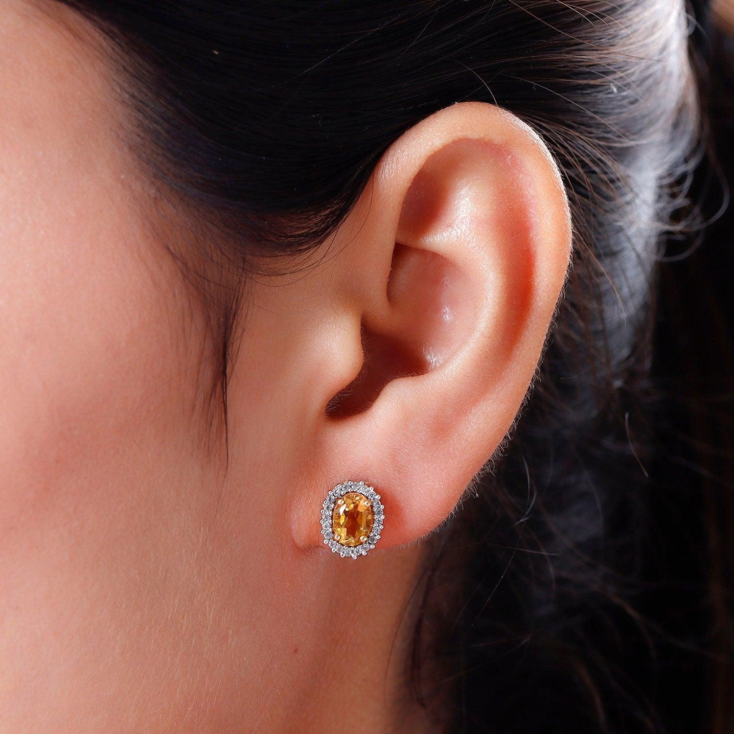 Halo Bridal Studs, Citrine Studs, November birthstone earrings, 925 Silver Stud , Halo Stud Earring, Oval Studs, Classic Halo Earrings - Inspiring Jewellery