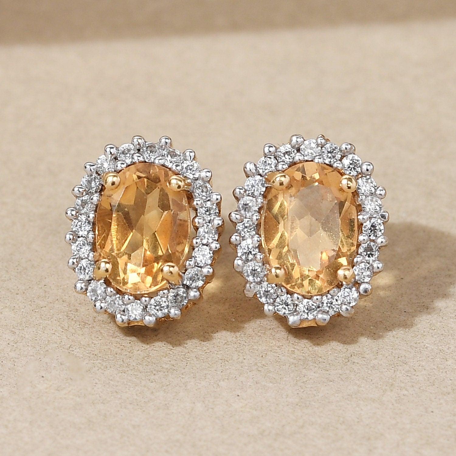 Halo Bridal Studs, Citrine Studs, November birthstone earrings, 925 Silver Stud , Halo Stud Earring, Oval Studs, Classic Halo Earrings - Inspiring Jewellery