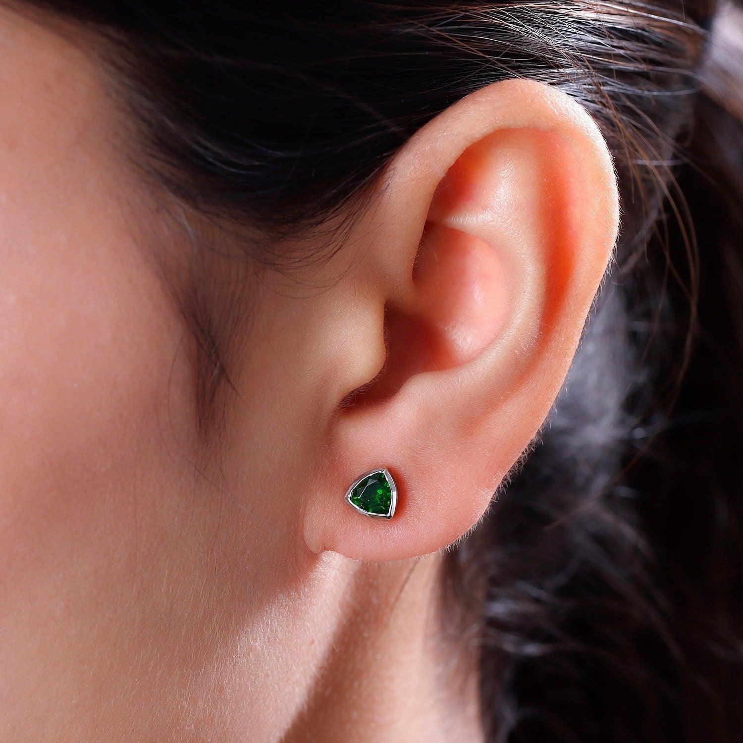 Chrome Diopside , Trillion exotic Gemstone earrings , 925 Sterling Silver Stud , Platinum , Green Gemstone Inspiring Jewellery - Inspiring Jewellery