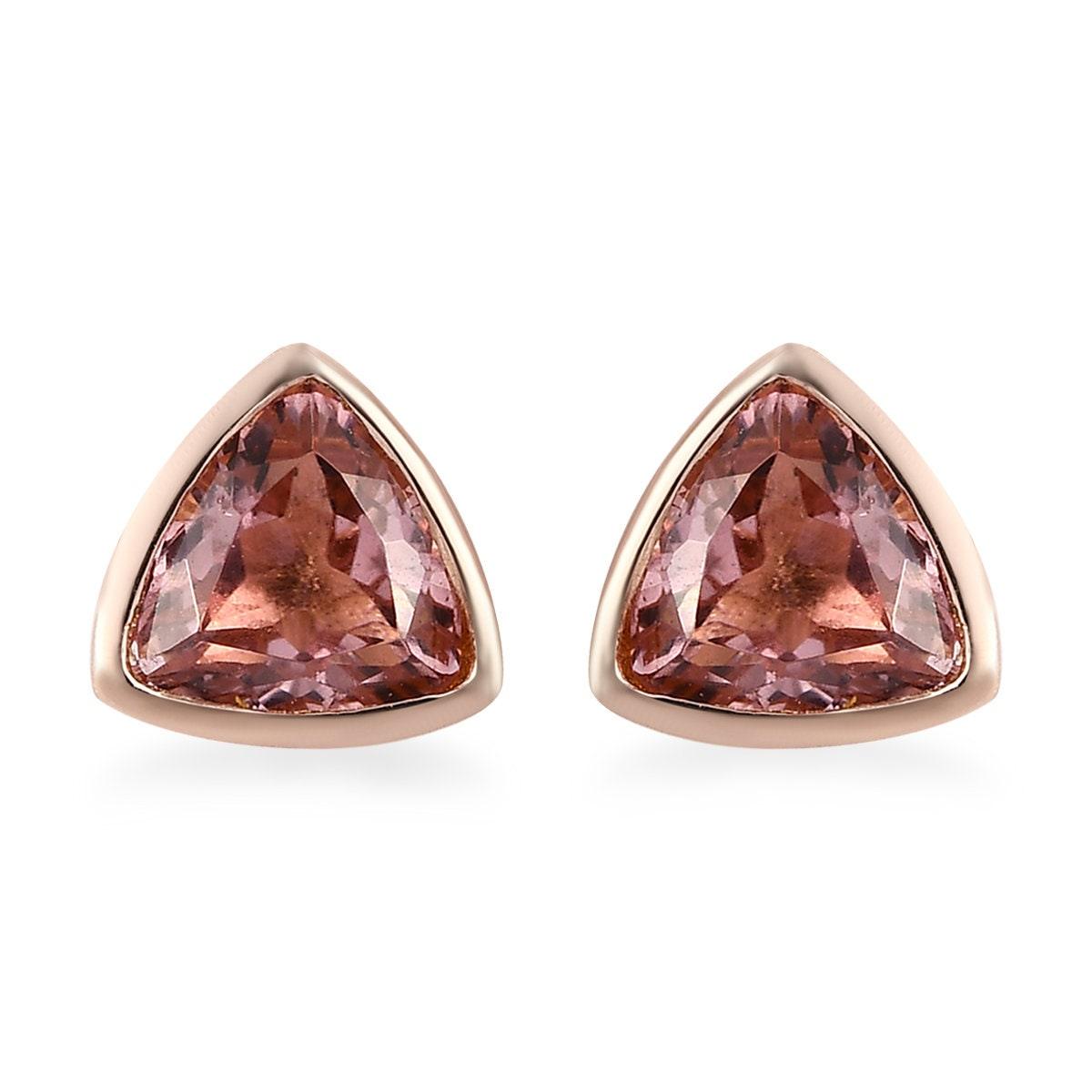 Salmon Pink Tourmaline , Trillion exotic Gemstone earrings , 925 Sterling Silver Stud , Rose Gold , Pink Gemstone Inspiring Jewellery - Inspiring Jewellery