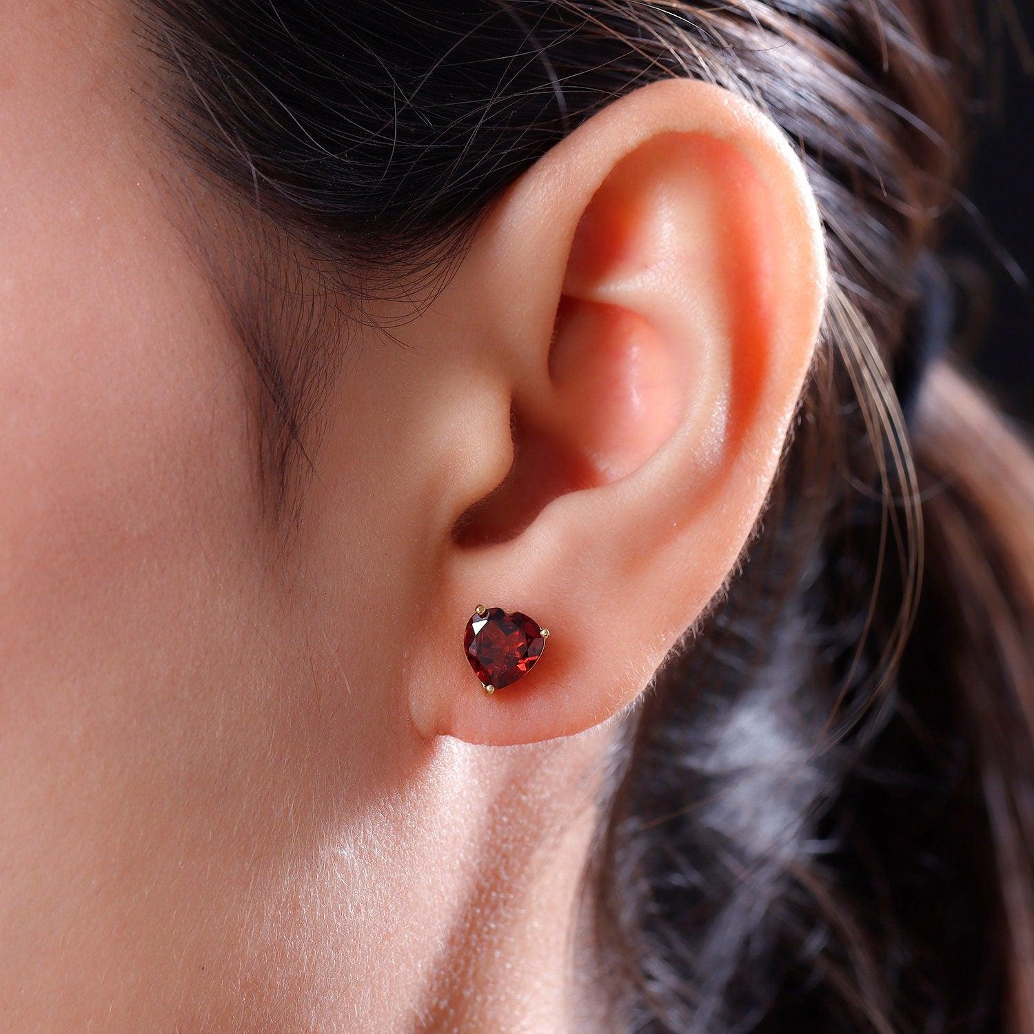 Red Garnet Heart Gemstone earrings , 925 Sterling Silver Stud , Yellow Gold , Red Gemstone Heart Studs by Inspiring Jewellery - Inspiring Jewellery